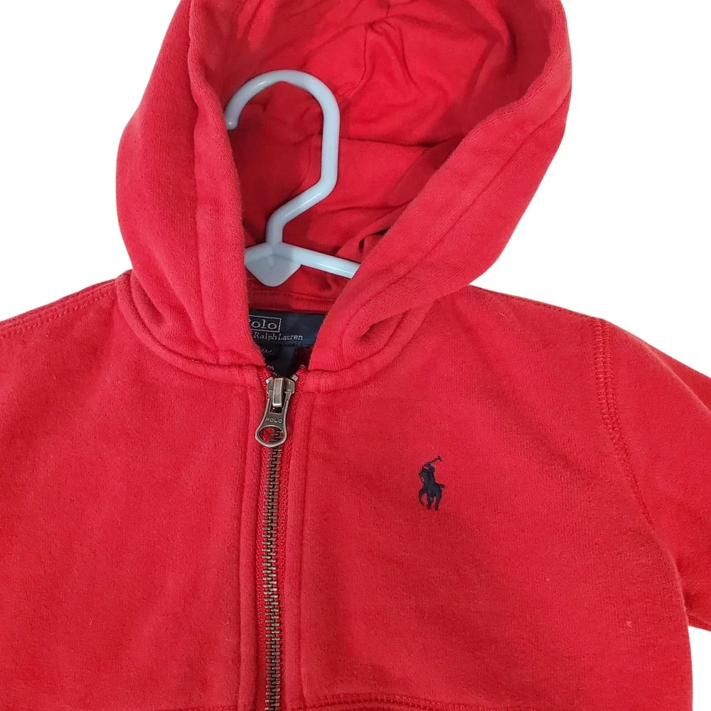 Polo Ralph Lauren Baby Boy Red Full Zip Fleece Hoodie Sweatshirt 9M Navy Pony